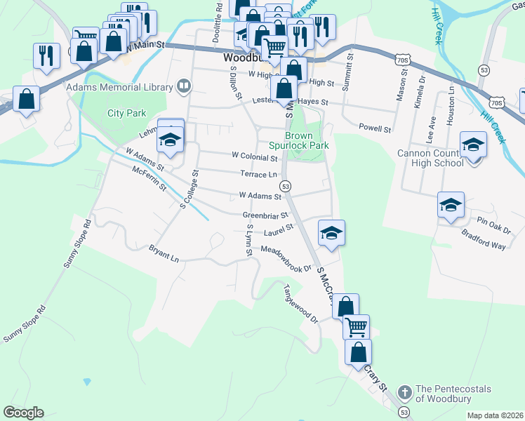 map of restaurants, bars, coffee shops, grocery stores, and more near 206 Greenbriar Street in Woodbury