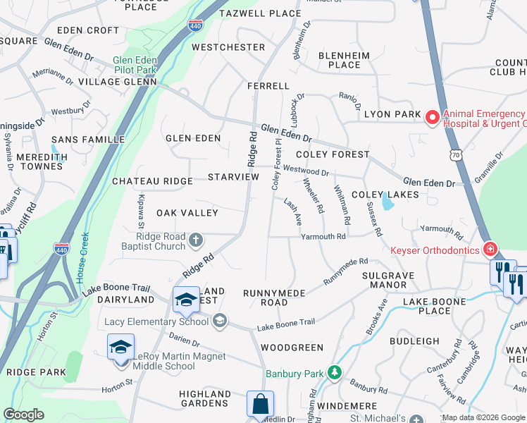 map of restaurants, bars, coffee shops, grocery stores, and more near 2217 Coley Forest Place in Raleigh