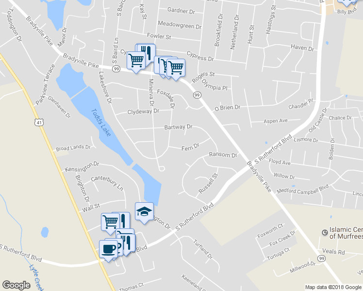 map of restaurants, bars, coffee shops, grocery stores, and more near 1811 Fern Drive in Murfreesboro