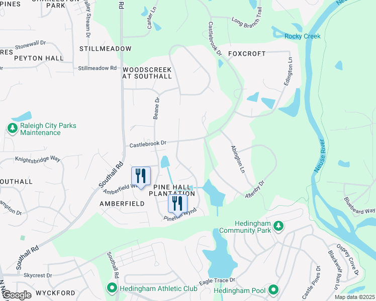 map of restaurants, bars, coffee shops, grocery stores, and more near 5300 Castlebrook Drive in Raleigh
