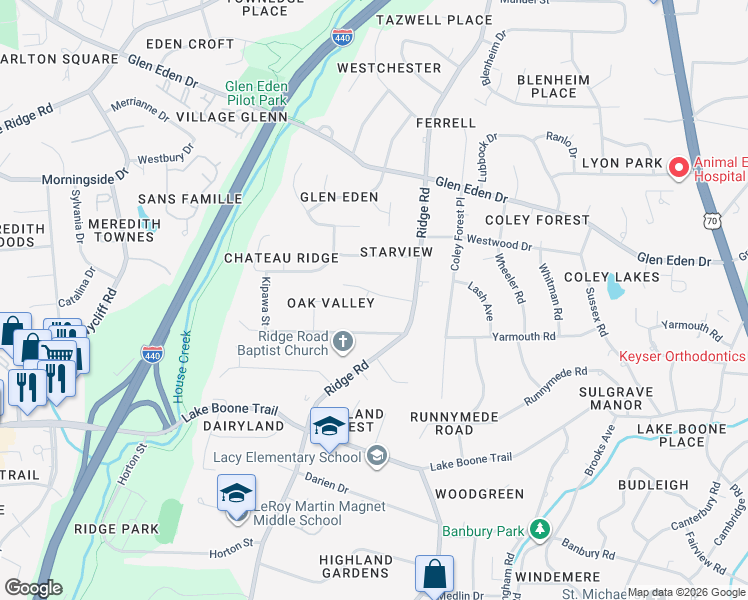 map of restaurants, bars, coffee shops, grocery stores, and more near 3213 Cobblestone Court in Raleigh