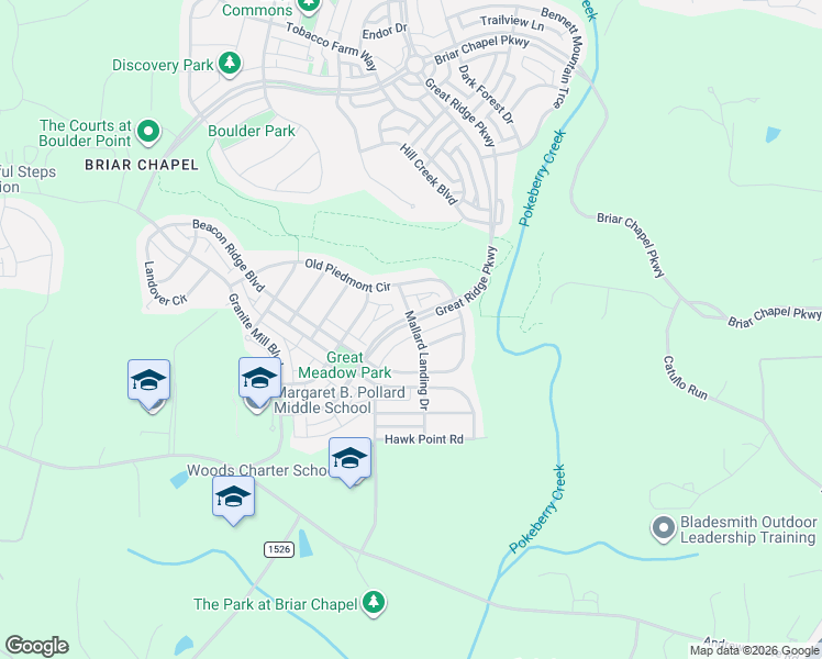 map of restaurants, bars, coffee shops, grocery stores, and more near 1989 Great Ridge Parkway in Chapel Hill