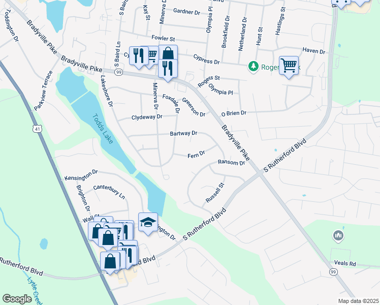 map of restaurants, bars, coffee shops, grocery stores, and more near 1811 Fern Drive in Murfreesboro