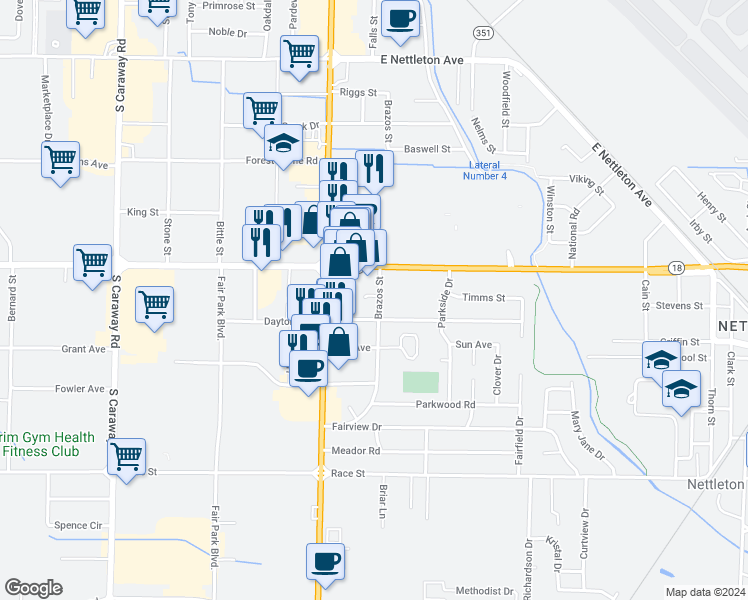 map of restaurants, bars, coffee shops, grocery stores, and more near 3014 Pinefield Cove in Jonesboro