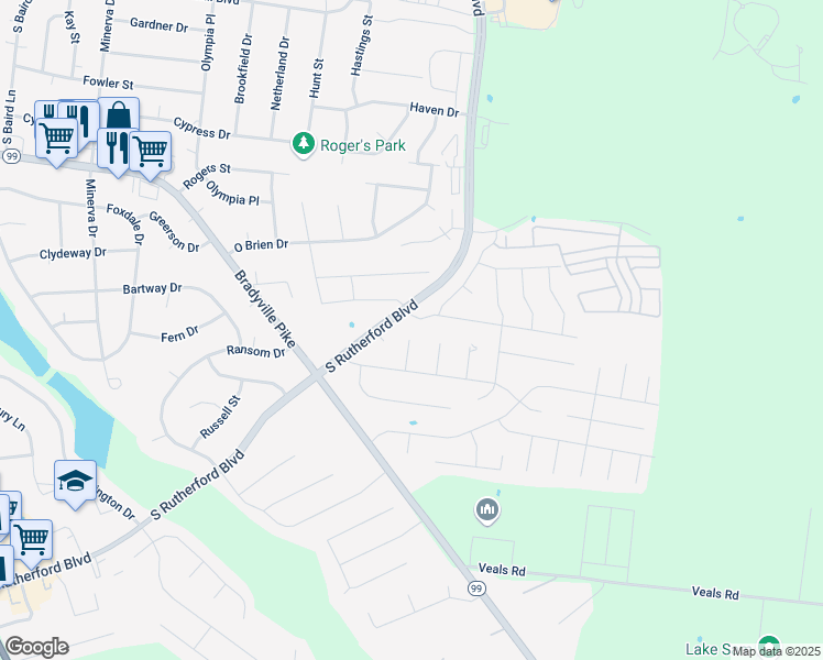 map of restaurants, bars, coffee shops, grocery stores, and more near 2310 Lismore Drive in Murfreesboro