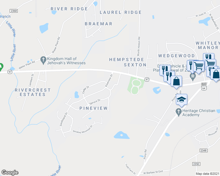 map of restaurants, bars, coffee shops, grocery stores, and more near 301 Harmonica Drive in Zebulon