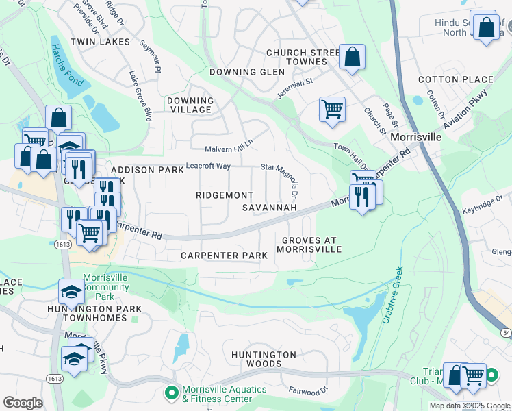 map of restaurants, bars, coffee shops, grocery stores, and more near 114 Fort Jackson Road in Morrisville