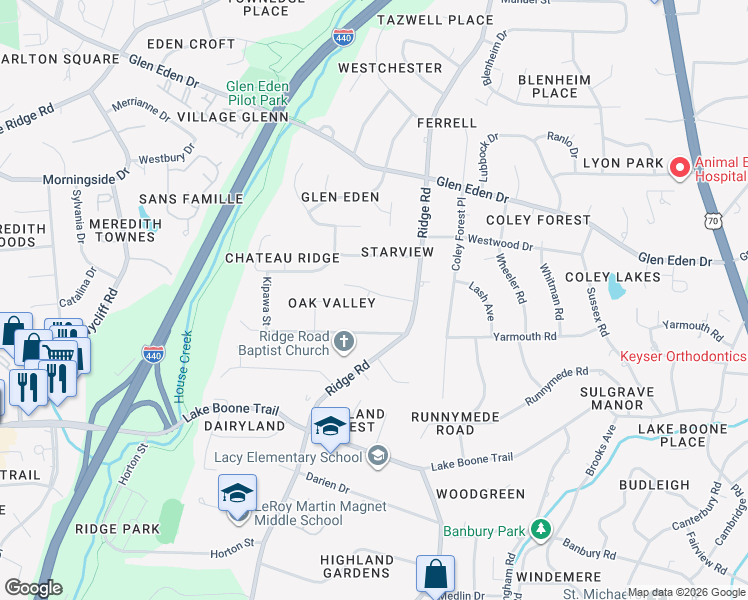 map of restaurants, bars, coffee shops, grocery stores, and more near 3213 Cobblestone Court in Raleigh