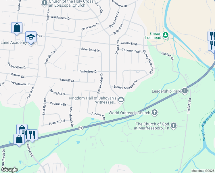 map of restaurants, bars, coffee shops, grocery stores, and more near 1526 River Rock Boulevard in Murfreesboro