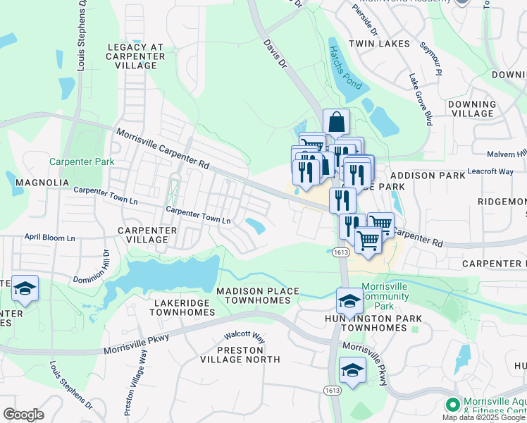 map of restaurants, bars, coffee shops, grocery stores, and more near 111 Magnolia Bloom Court in Cary