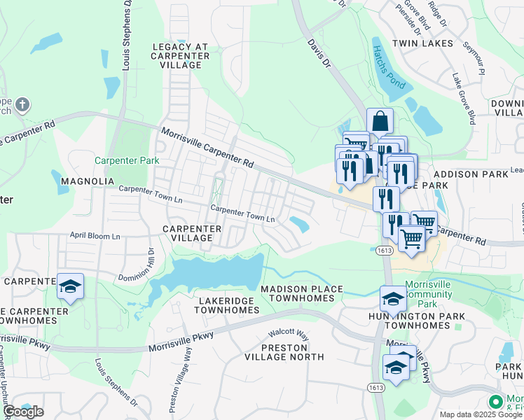 map of restaurants, bars, coffee shops, grocery stores, and more near 109 Madison Grove Place in Cary