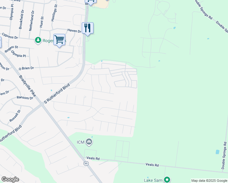 map of restaurants, bars, coffee shops, grocery stores, and more near 2543 Lismore Drive in Murfreesboro