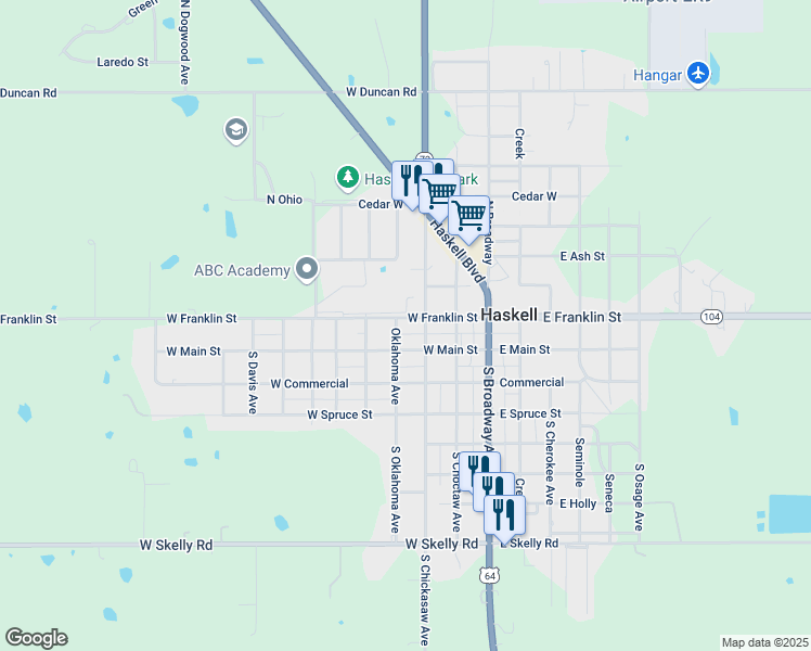 map of restaurants, bars, coffee shops, grocery stores, and more near 109 Oklahoma Avenue in Haskell