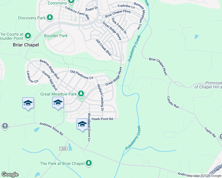 map of restaurants, bars, coffee shops, grocery stores, and more near 18 Monarch Trail in Chapel Hill