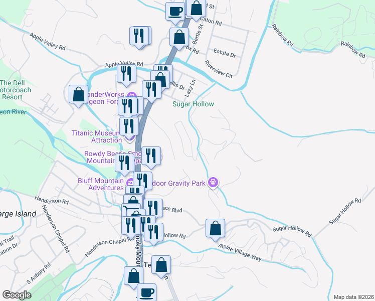 map of restaurants, bars, coffee shops, grocery stores, and more near 2349 Scenic Loop Road in Pigeon Forge
