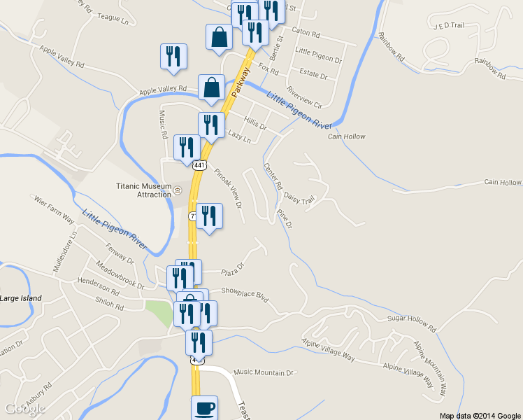 map of restaurants, bars, coffee shops, grocery stores, and more near 2349 Scenic Loop Rd in Pigeon Forge