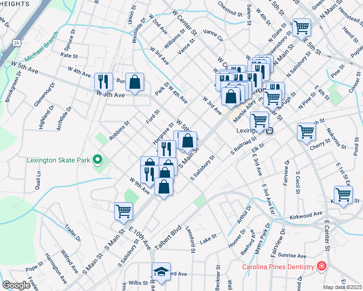 map of restaurants, bars, coffee shops, grocery stores, and more near 524 South Main Street in Lexington