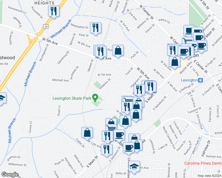 map of restaurants, bars, coffee shops, grocery stores, and more near 303A West 8th Avenue in Lexington