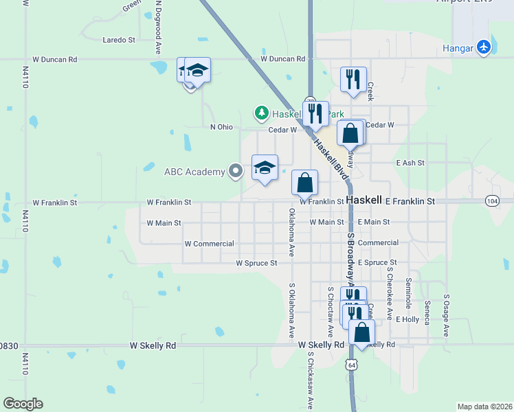 map of restaurants, bars, coffee shops, grocery stores, and more near 524 West Franklin Street in Haskell