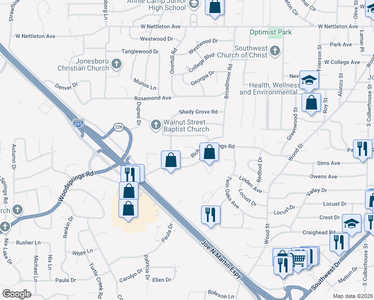 map of restaurants, bars, coffee shops, grocery stores, and more near 2109 Rich Cove in Jonesboro