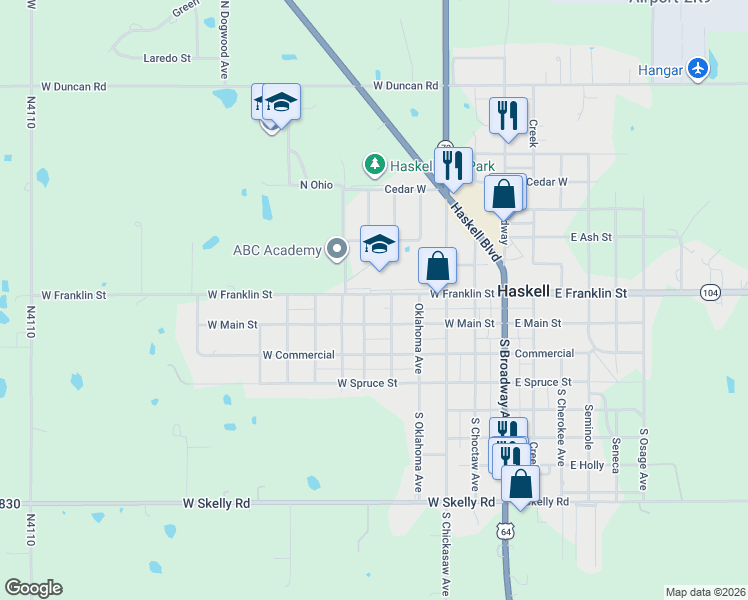 map of restaurants, bars, coffee shops, grocery stores, and more near 524 West Franklin Street in Haskell