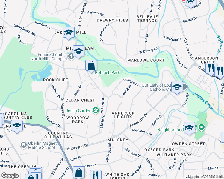 map of restaurants, bars, coffee shops, grocery stores, and more near 2709 Rothgeb Drive in Raleigh