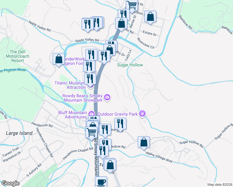 map of restaurants, bars, coffee shops, grocery stores, and more near 252 Pinoak View Drive in Pigeon Forge