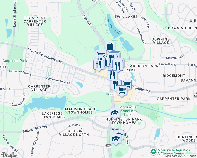 map of restaurants, bars, coffee shops, grocery stores, and more near 1109 Morrisville Carpenter Road in Cary