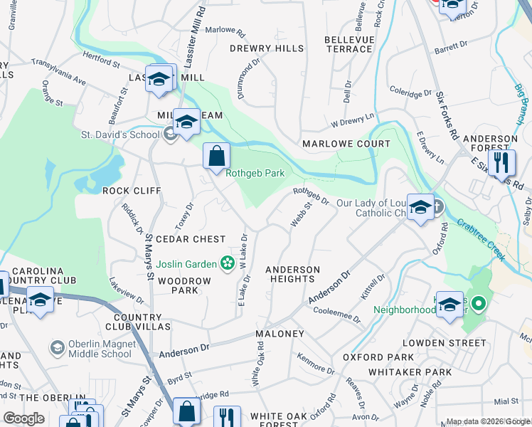 map of restaurants, bars, coffee shops, grocery stores, and more near 2709 Rothgeb Drive in Raleigh