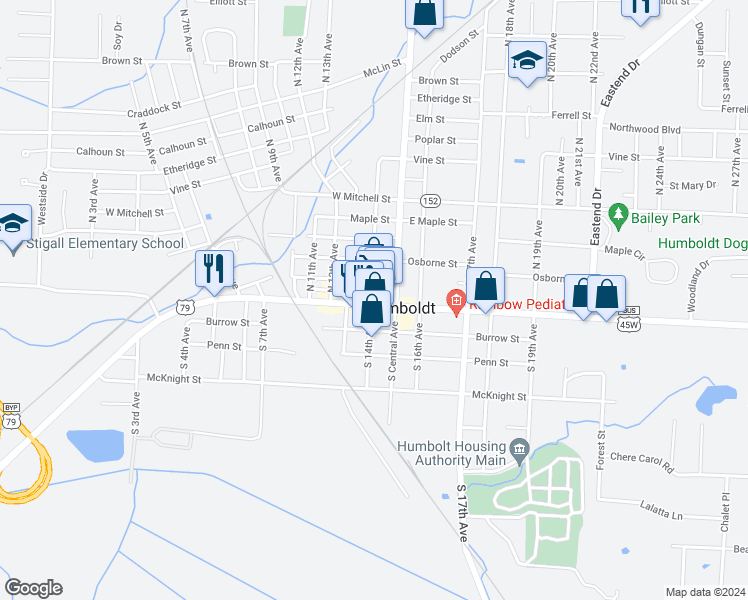 map of restaurants, bars, coffee shops, grocery stores, and more near 1401 East Main Street in Humboldt