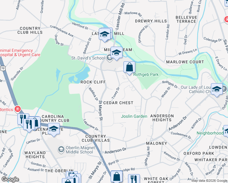 map of restaurants, bars, coffee shops, grocery stores, and more near 2729 Toxey Drive in Raleigh