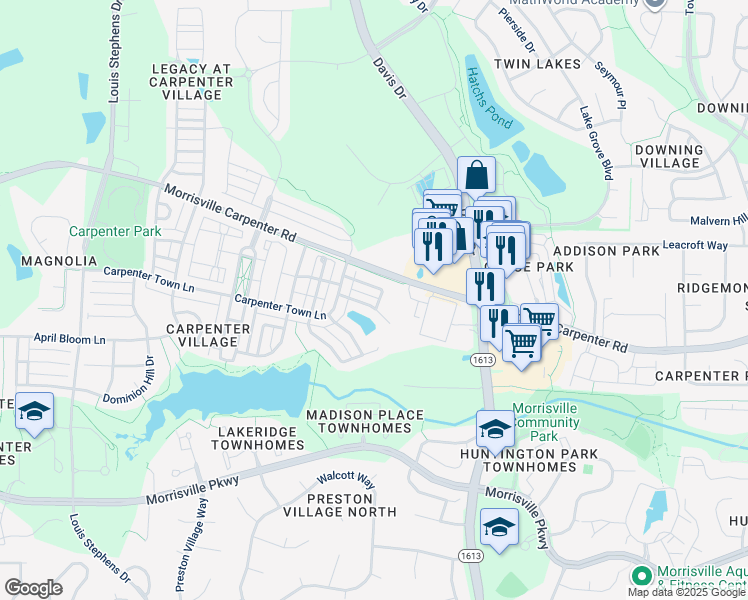 map of restaurants, bars, coffee shops, grocery stores, and more near 111 Magnolia Bloom Court in Cary