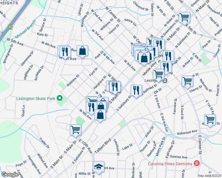 map of restaurants, bars, coffee shops, grocery stores, and more near 524 South Main Street in Lexington
