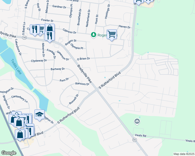 map of restaurants, bars, coffee shops, grocery stores, and more near 2021 Bradyville Pike in Murfreesboro