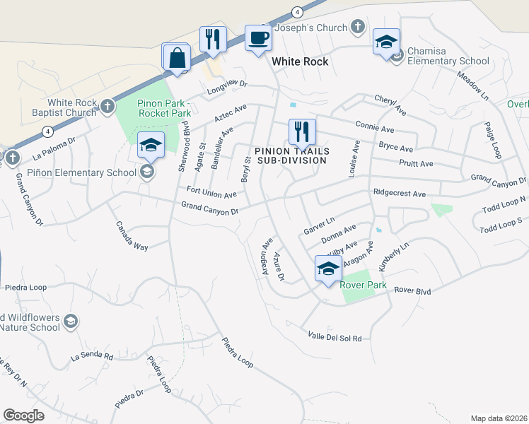 map of restaurants, bars, coffee shops, grocery stores, and more near 203 Rover Boulevard in White Rock