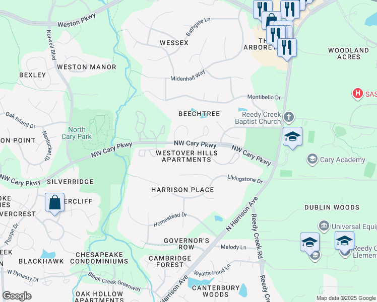 map of restaurants, bars, coffee shops, grocery stores, and more near 1000 Heathmoor Lane in Cary