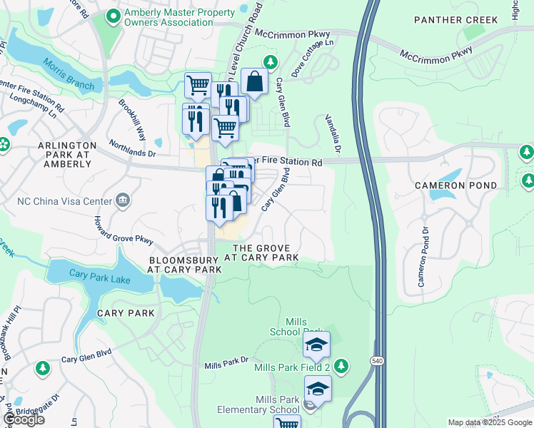 map of restaurants, bars, coffee shops, grocery stores, and more near 4545 Cary Glen Boulevard in Cary