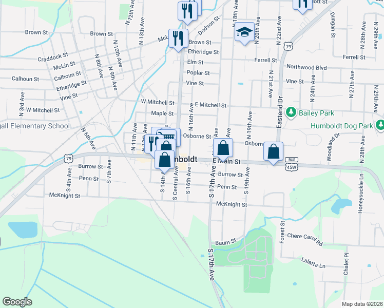 map of restaurants, bars, coffee shops, grocery stores, and more near in Humboldt