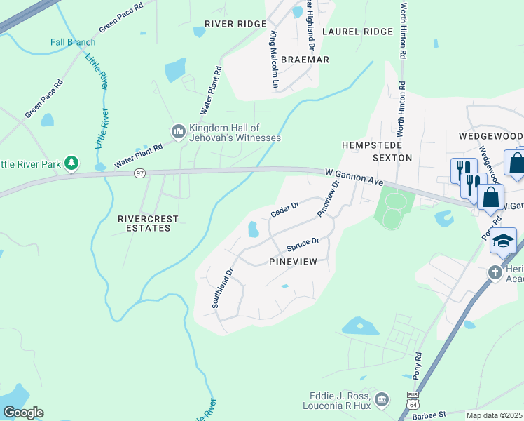 map of restaurants, bars, coffee shops, grocery stores, and more near 221 Cedar Court in Zebulon