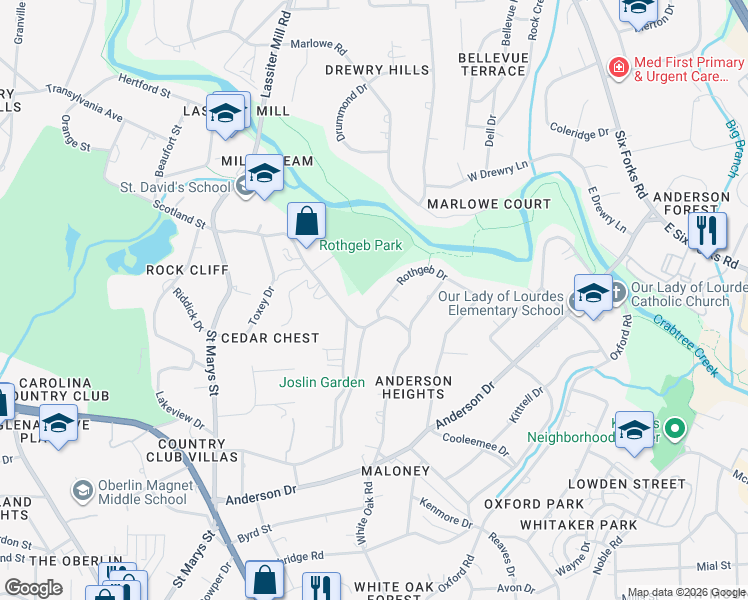map of restaurants, bars, coffee shops, grocery stores, and more near 2706 Rothgeb Drive in Raleigh
