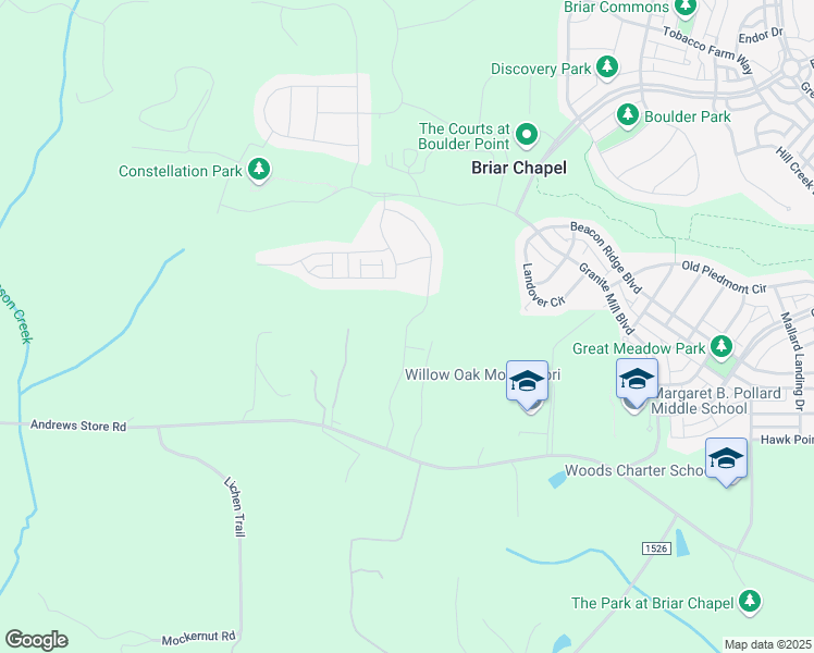 map of restaurants, bars, coffee shops, grocery stores, and more near Birch Hollow Road in Chatham County