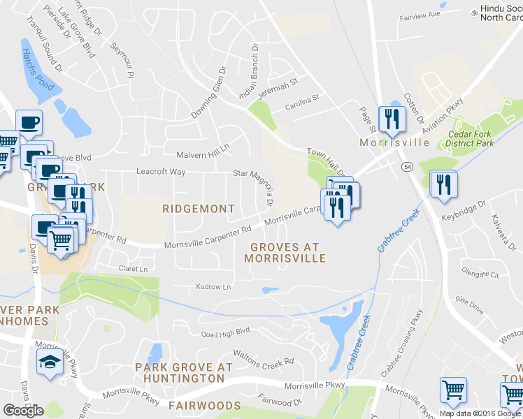 map of restaurants, bars, coffee shops, grocery stores, and more near 100 Old Savannah Drive in Morrisville