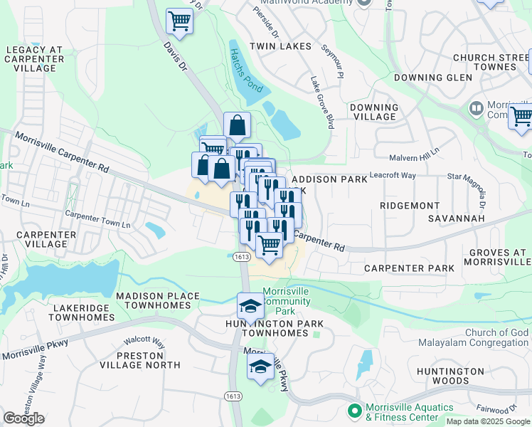 map of restaurants, bars, coffee shops, grocery stores, and more near 1101 Grace Park Drive in Morrisville