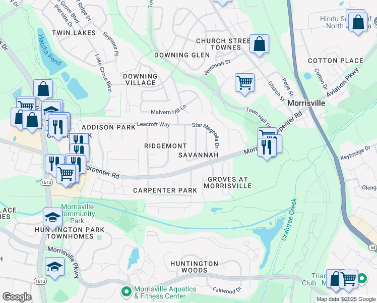 map of restaurants, bars, coffee shops, grocery stores, and more near 114 Fort Jackson Road in Morrisville