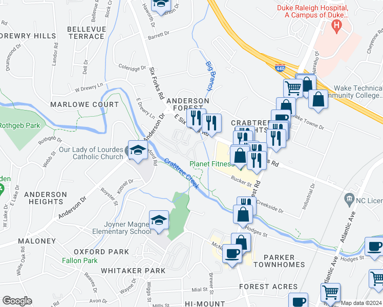 map of restaurants, bars, coffee shops, grocery stores, and more near 200 Calibre Chase Drive in Raleigh