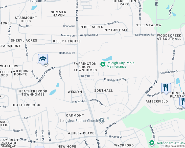 map of restaurants, bars, coffee shops, grocery stores, and more near 2605 Andover Glen Road in Raleigh