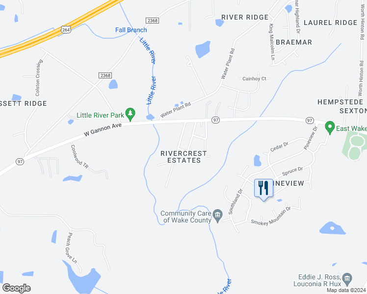 map of restaurants, bars, coffee shops, grocery stores, and more near 1600 Teddy Lane in Zebulon