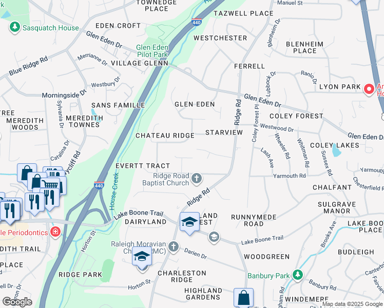 map of restaurants, bars, coffee shops, grocery stores, and more near 3303 Boulder Court in Raleigh