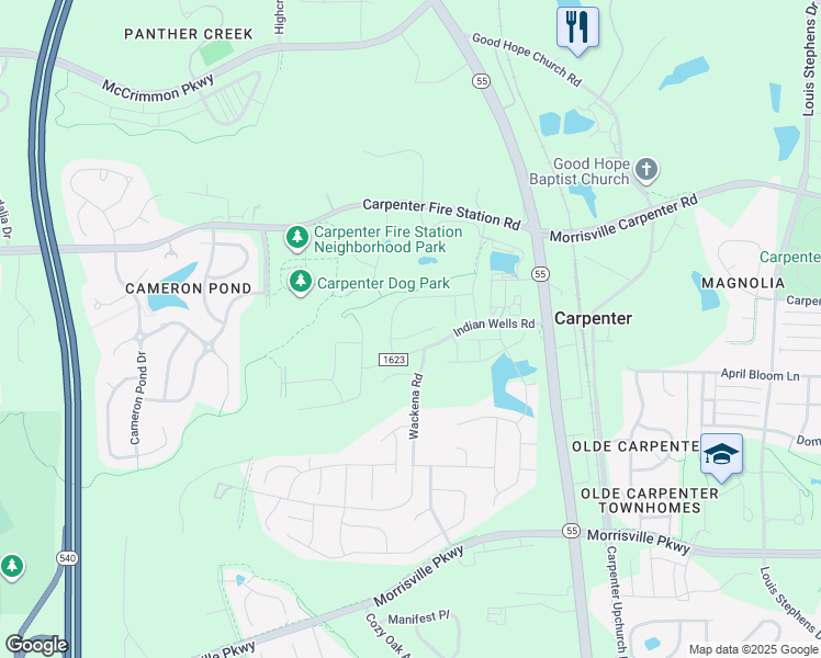 map of restaurants, bars, coffee shops, grocery stores, and more near 6920 Indian Wells Road in Cary