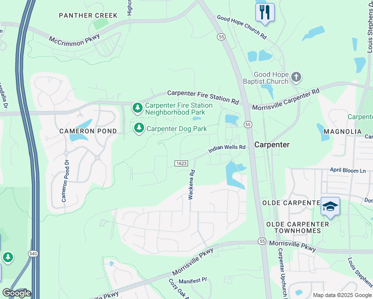 map of restaurants, bars, coffee shops, grocery stores, and more near 6920 Indian Wells Road in Cary
